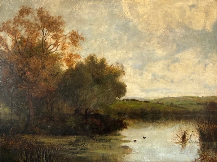 European school (XlX) - A country landscape with birds on a pond