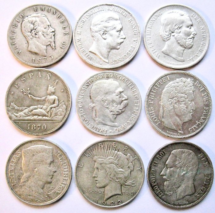 Europa, USA. Collection with 9 large old silver coins 1838-1931 All different