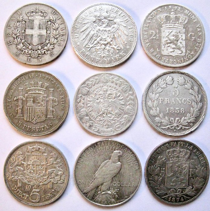 Europa, USA. Collection with 9 large old silver coins 1838-1931 All different