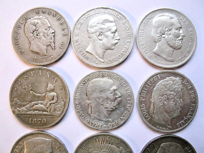 Europa, USA. Collection with 9 large old silver coins 1838-1931 All different