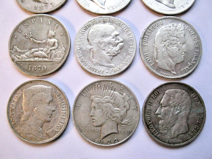 Europa, USA. Collection with 9 large old silver coins 1838-1931 All different