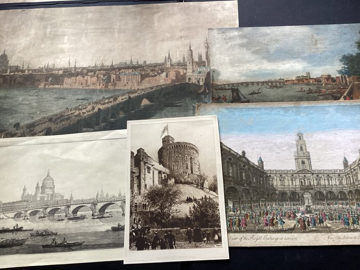 Storbritannien - London; . - 5 views; London Bridge, Blackfriars Bridge, Lambeth Bridge, The Royal Exchange, Windsor Castle. - 1821-1850