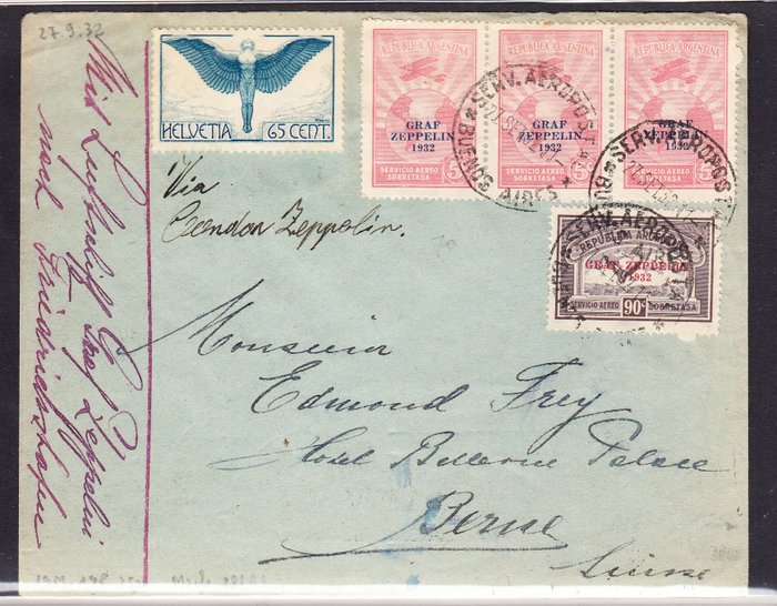 Argentina 1932 - Brev Via Condor Zeppelin fra Buenos Aires til Schweiz sjælden porto - Michel 19M+19p