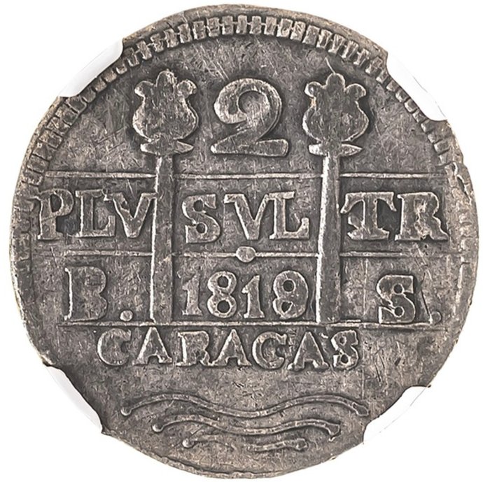 Venezuela. 2 Reales 1819/8 - Emisión provisional en Caracas durante su independencia (muy rara)