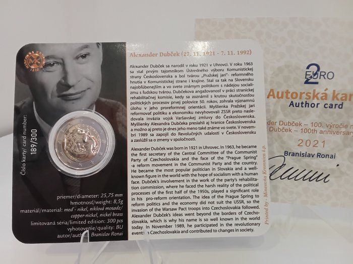 Slovakiet. 2 Euro 2021 "Alexander Dubček" (firmata autore)