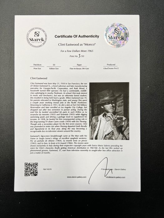 For a Few Dollars More (1965) - Clint Eastwood as "Monco" - Fine Art Photography - Luxury Wooden Framed 70X50 cm - Limited Edition Nr 01 of 30 - Serial ID 80035 - Original Certificate (COA) Hologram Logo Editor and QR Code - 100% New items