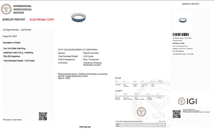 Ingen mindstepris - Ring - 14 karat Hvidguld -  4.20ct. tw. Safir - IGI
