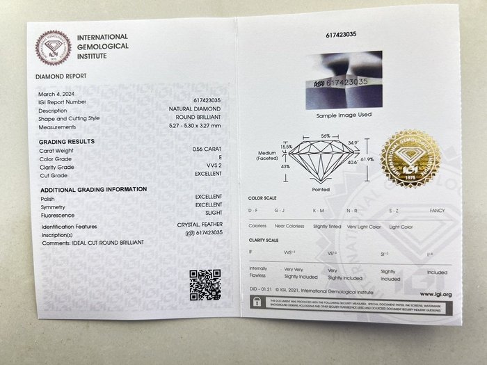 1 pcs Diamant  (Natur)  - 056 ct - Rund - E - VVS2 - International Gemological Institute (IGI)