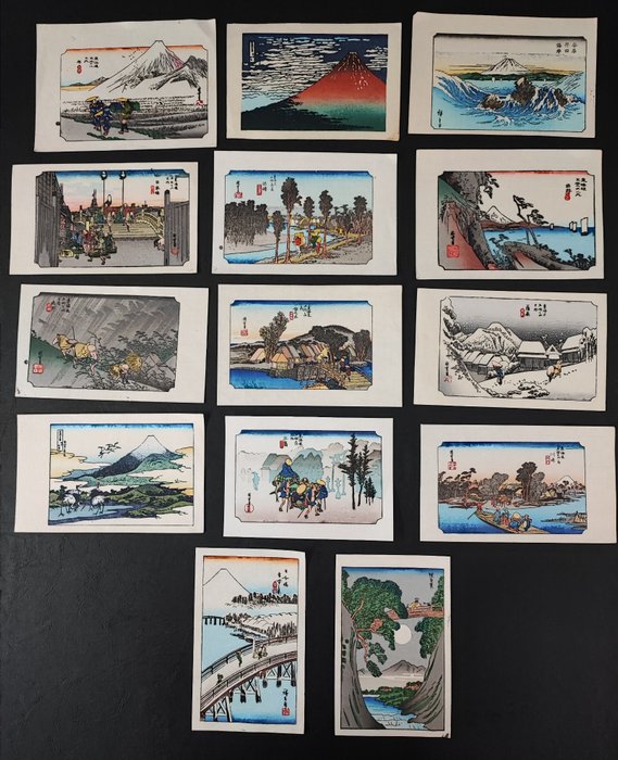 14 small woodblock prints of ukiyo-e - Hiroshige Utagawa/歌川広重 - Japan  (Ingen mindstepris)