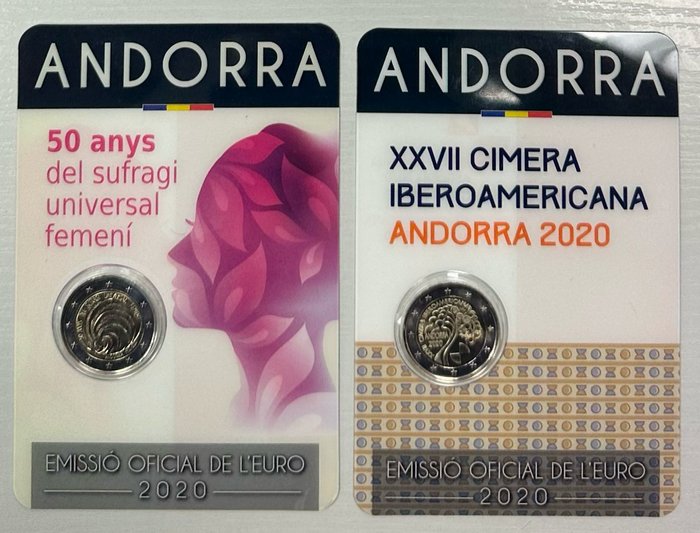 Andorra. 2 Euro 2020 "Année de la Femme" + "Sommet Ibéro-américain" (2 coincards)  (Ingen mindstepris)