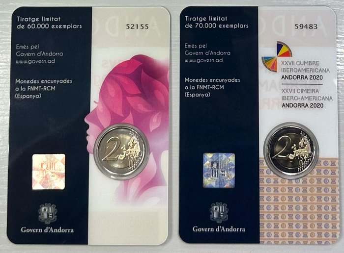 Andorra. 2 Euro 2020 "Année de la Femme" + "Sommet Ibéro-américain" (2 coincards)  (Ingen mindstepris)