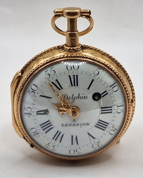 Delphin a Besancon - 18kt. Goldspindeluhr - Quarter Repeater - Ziergravur - Schweiz omkring 1780