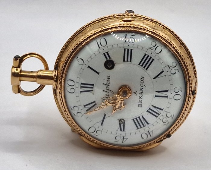 Delphin a Besancon - 18kt. Goldspindeluhr - Quarter Repeater - Ziergravur - Schweiz omkring 1780