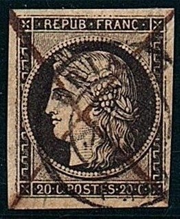 Frankrig - 1. CERES udgave - 1849 - nr. 3 b 0bli. Fjer, 20 c. sort på buff.