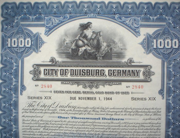 Tyskland - 7% City Of Duisburg 1000$ Gold Bond to Bearer, 1925, still in default