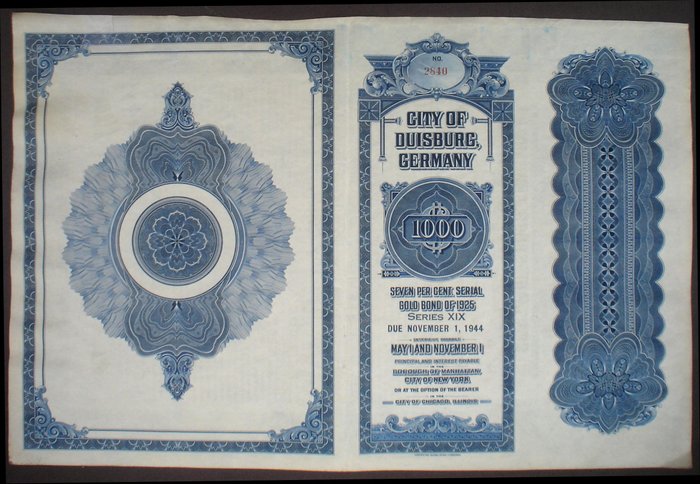 Tyskland - 7% City Of Duisburg 1000$ Gold Bond to Bearer, 1925, still in default