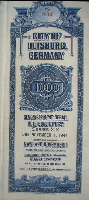 Tyskland - 7% City Of Duisburg 1000$ Gold Bond to Bearer, 1925, still in default