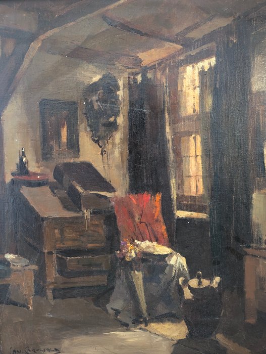 Jan Korthals (1916-1972) - Interieur met een Friese stolklok