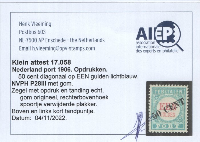 Holland 1906/1910 - Frimærker overtryk rød og sort - med certifikat - NVPH P27/P30