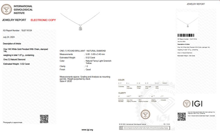 Ingen mindstepris - Halskæde med vedhæng - 14 karat Hvidguld -  052ct tw Gul Diamant (Naturfarvet) - IGI