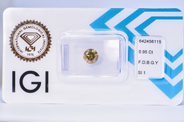 Ingen mindstepris - 1 pcs Diamant  (Naturfarvet)  - 0.95 ct - Rund - Fancy deep Brunlig, Grønlig Gul - SI1 - International Gemological Institute (IGI)