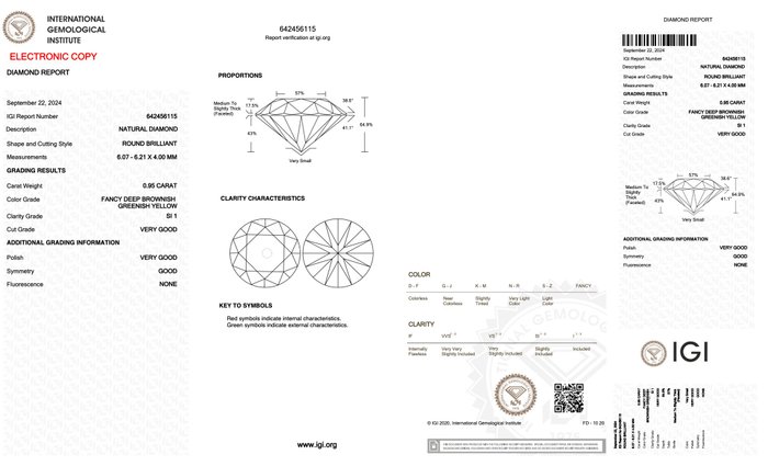 Ingen mindstepris - 1 pcs Diamant  (Naturfarvet)  - 0.95 ct - Rund - Fancy deep Brunlig, Grønlig Gul - SI1 - International Gemological Institute (IGI)