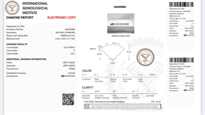 1 pcs Diamant  (Natur)  - 0.24 ct - Smaragd - E - VS2 - International Gemological Institute (IGI)