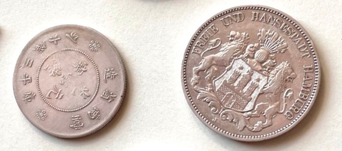 Kina, Yunnan, Tyske Rige, Hamborg. 1/2 Dollaro 1911 + 5 Marchi 1876.  (Ingen mindstepris)