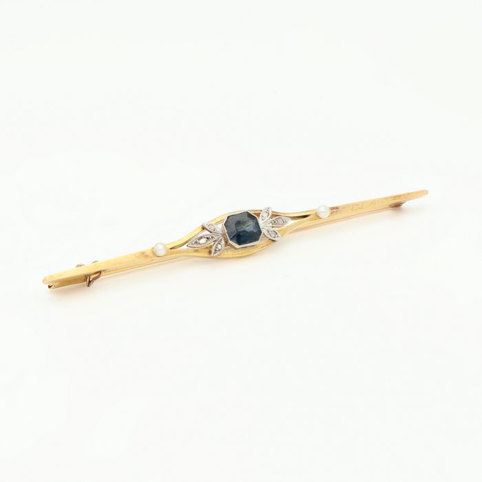 Broche - 18 kraat Gulguld, Hvidguld Diamant (Natur)  - 1,29 ct. Sapphire - Pearl