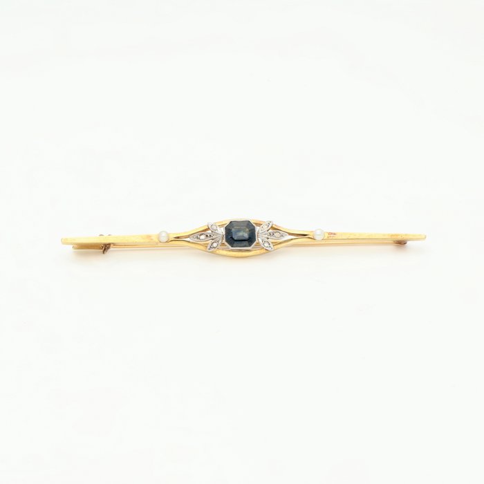 Broche - 18 kraat Gulguld, Hvidguld Diamant (Natur)  - 1,29 ct. Sapphire - Pearl