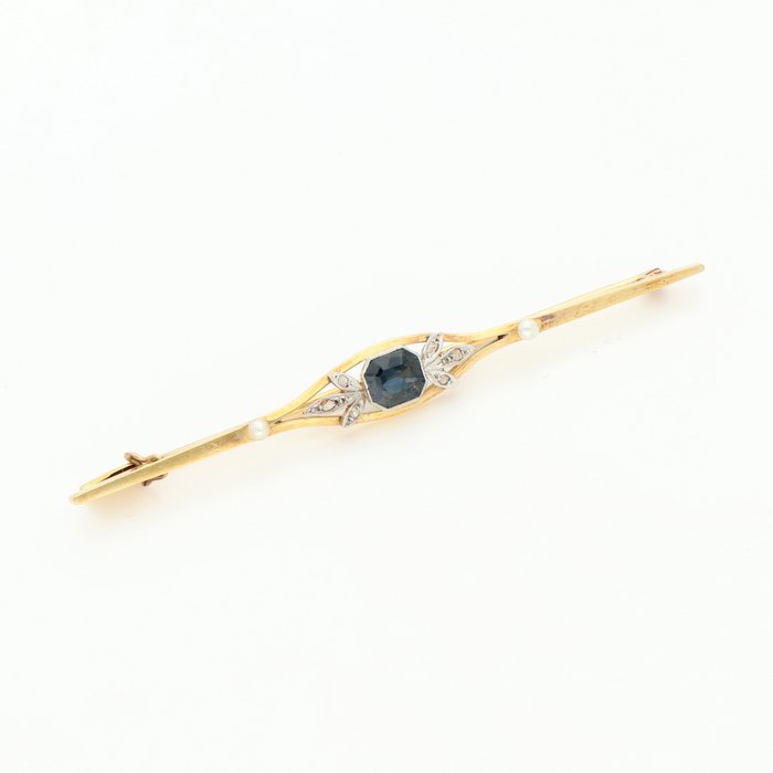 Broche - 18 kraat Gulguld, Hvidguld Diamant (Natur)  - 1,29 ct. Sapphire - Pearl