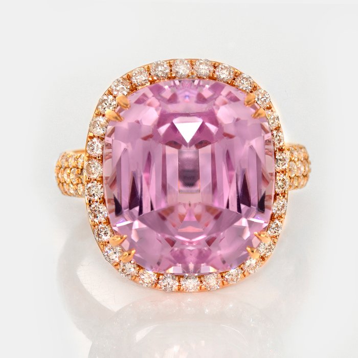 Ingen mindstepris - Ring - 14 karat Rosaguld -  14.95ct. tw. Kunzit - Diamant - IGI 14,29 ct Pink