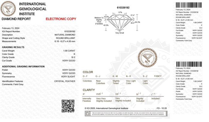 1 pcs Diamant  (Natur)  - 1.00 ct - Rund - K - SI2 - International Gemological Institute (IGI)