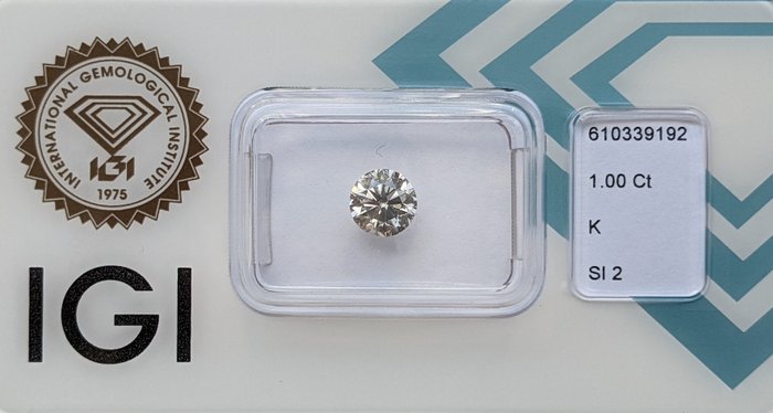 1 pcs Diamant  (Natur)  - 1.00 ct - Rund - K - SI2 - International Gemological Institute (IGI)