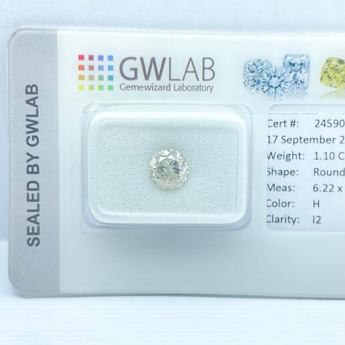 Ingen mindstepris - 1 pcs Diamant  (Natur)  - 110 ct - Rund - H - I2 - Gemewizard Gemological Laboratory (GWLab)