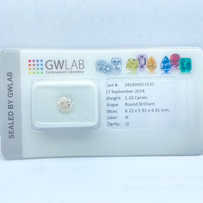 Ingen mindstepris - 1 pcs Diamant  (Natur)  - 110 ct - Rund - H - I2 - Gemewizard Gemological Laboratory (GWLab)