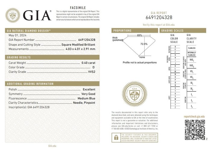 2 pcs Diamant  (Natur)  - 0.80 ct - Kvadrat - D (farveløs), E - VVS1, VVS2 - Gemological Institute of America (GIA)