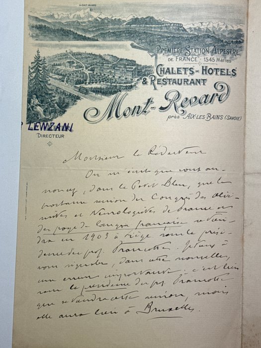 Jean Crocq (1824-1898) médecin, homme politique et professeur d'université belge - Lettre autograph signé sur la papeterie décorative de l'Hôtel Mont-Revard - 1880