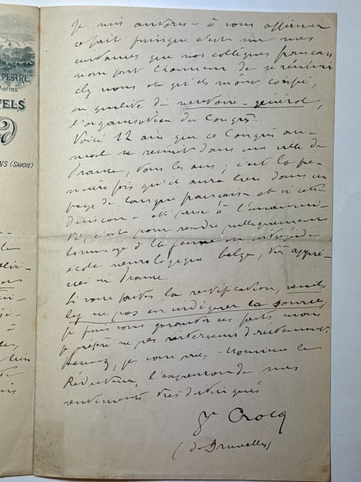 Jean Crocq (1824-1898) médecin, homme politique et professeur d'université belge - Lettre autograph signé sur la papeterie décorative de l'Hôtel Mont-Revard - 1880