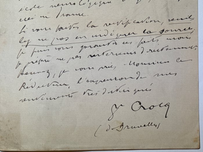 Jean Crocq (1824-1898) médecin, homme politique et professeur d'université belge - Lettre autograph signé sur la papeterie décorative de l'Hôtel Mont-Revard - 1880