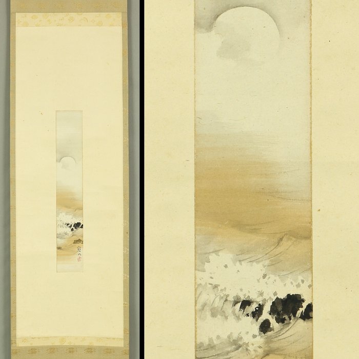 Tanzaku - Moon and Waves with Box - Murase Soseki 村瀬雙石 (1823-1878) - Japan - Meiji-perioden (1868-1912)