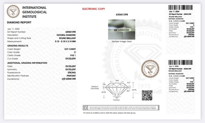 Ingen mindstepris - 1 pcs Diamant  (Natur)  - 0.51 ct - Rund - D (farveløs) - VVS1 - International Gemological Institute (IGI) - *3EX*