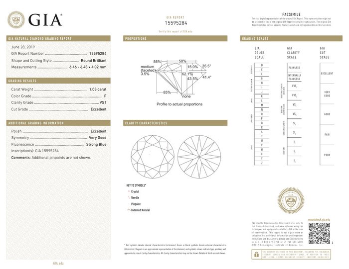 1 pcs Diamant  (Natur)  - 1.03 ct - Rund - F - VS1 - Gemological Institute of America (GIA)