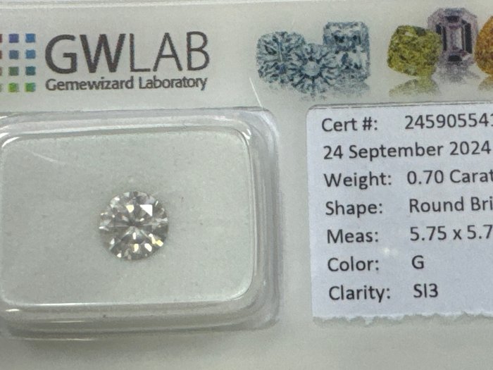 Ingen mindstepris - 1 pcs Diamant  (Natur)  - 0.70 ct - Rund - G - SI3 - Gemewizard Gemological Laboratory (GWLab)