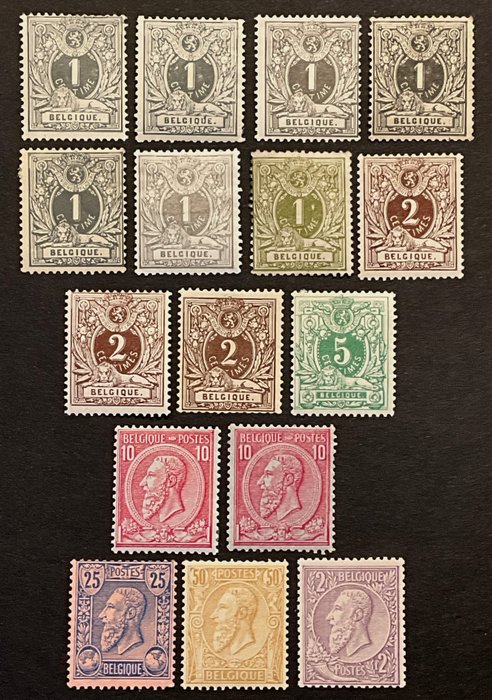 Belgien 1884/1891 - Udgave 1884 Liggende løve + Leopold II med yderligere nuancer - ex. OBP 42/52