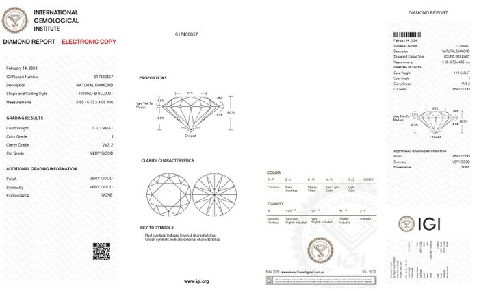 1 pcs Diamant  (Natur)  - 1.10 ct - Rund - I - VVS2 - International Gemological Institute (IGI)