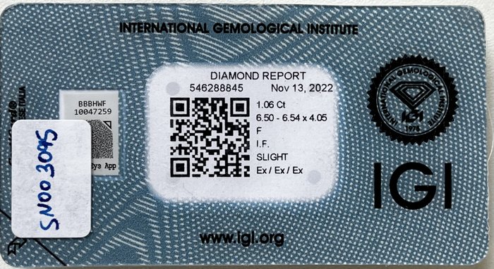 1 pcs Diamant  (Natur)  - 106 ct - Rund - F - IF - International Gemological Institute (IGI)