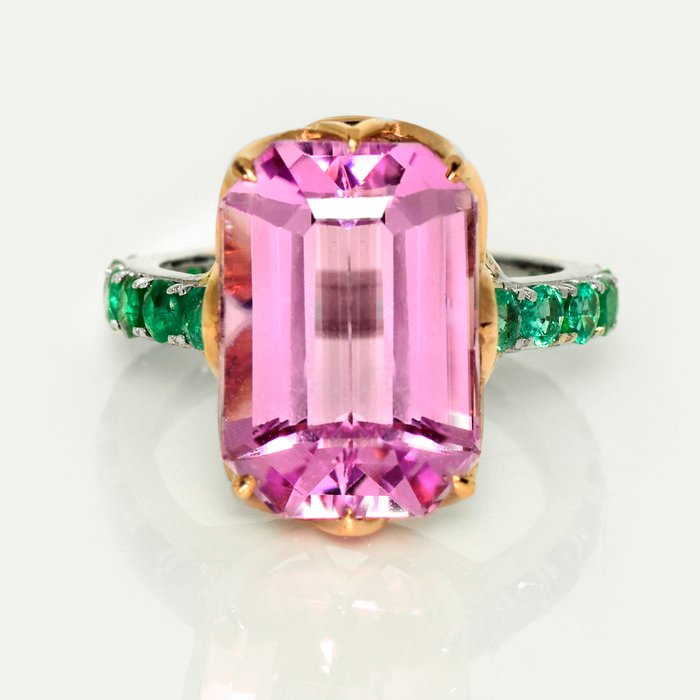 Ingen mindstepris - Ring - 14 karat Hvidguld, Rosaguld -  13.12ct. tw. Kunzit - Smaragd - IGI 12,07 Ct Pink