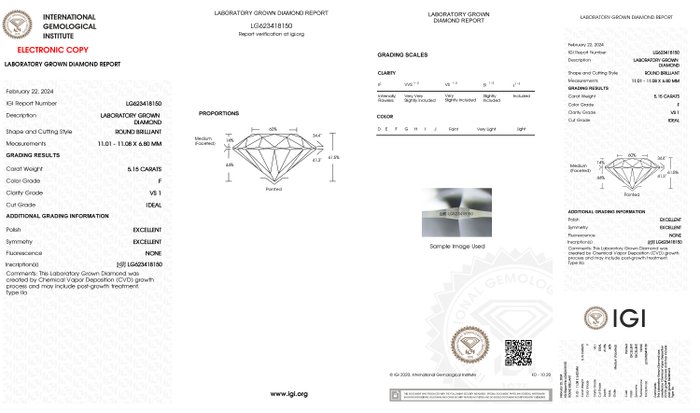 Ingen mindstepris - Ring - 18 kraat Hvidguld -  515ct tw Diamant (Laboratoriedyrket) - Runde F-VS1