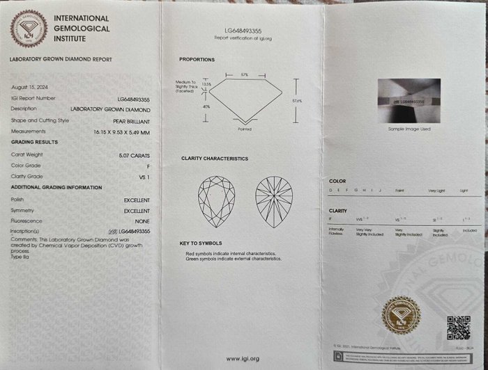 Ring - 14 karat Gulguld -  5.07ct. tw. Diamant (Laboratoriedyrket) - IGI CERTIFICERT